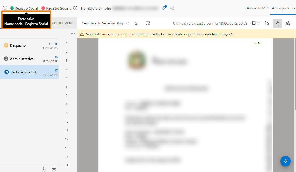 Visualização de documento no SAJ com lista de movimentações à esquerda. No topo, destaque em laranja indica: 'Parte ativa Nome social: Registro Social'