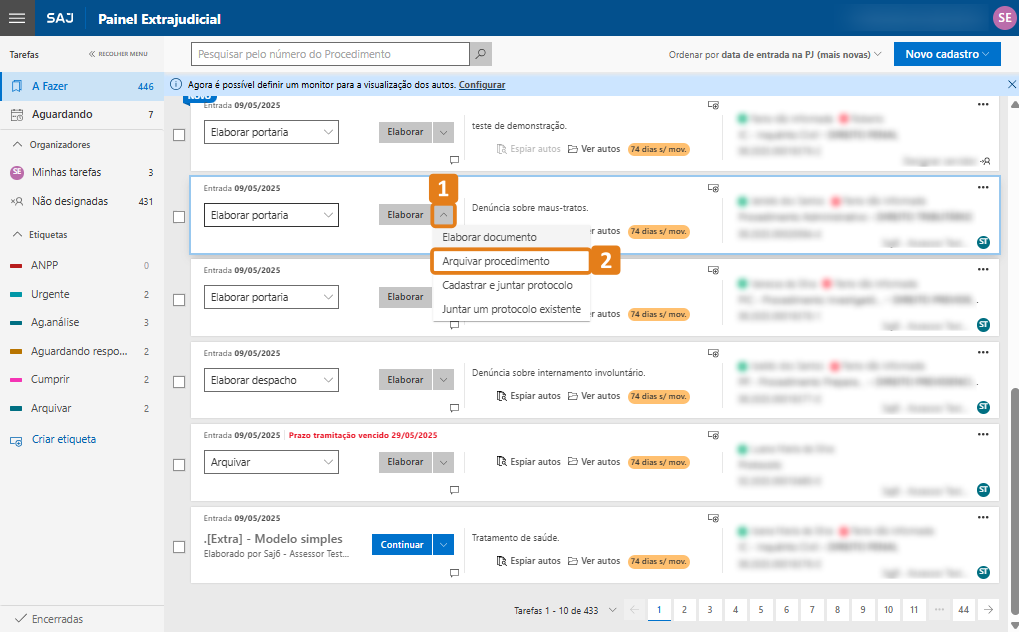 Painel Exreajudicial com destaque na opção Arquivar Procedimento de uma tarefa