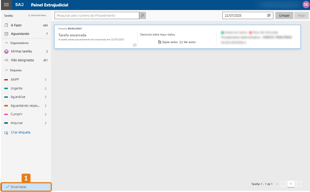 Painel Extrajudicial com destaque no bloco Encerrados