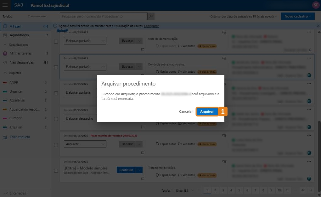 Mensagem de confirmação com destaque no botão Arquivar