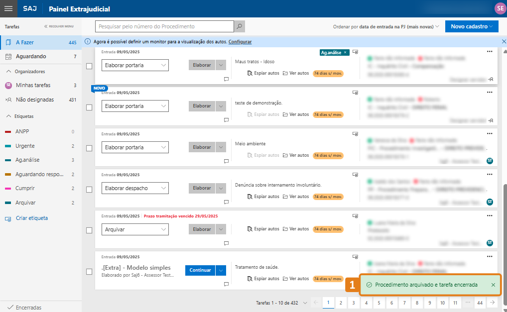 Painel Extrajudicial com destaque na mensagem de sucesso