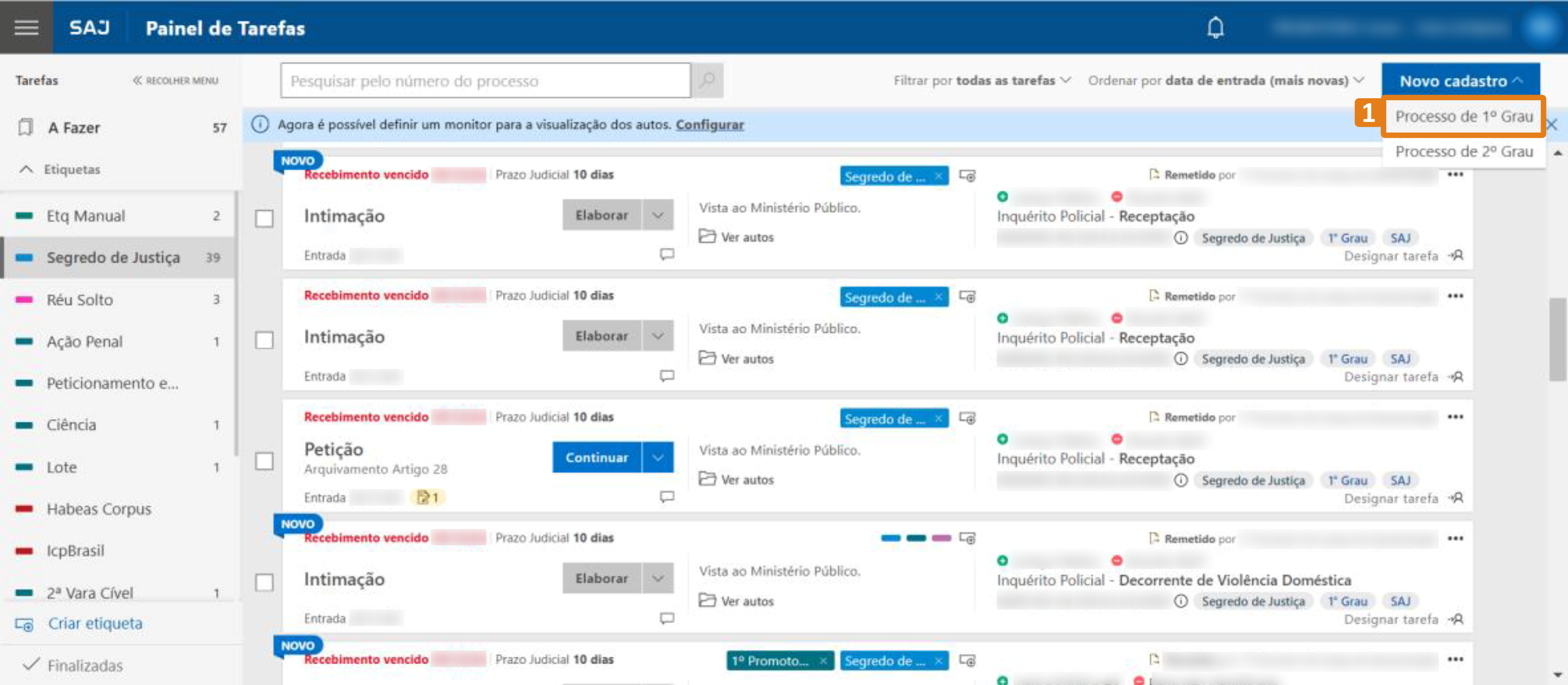 Interface do sistema SAJ no Painel de Tarefas, com lista de processos e filtros. No canto superior direito, botão azul ‘Novo cadastro’ e destaque em laranja na opção selecionada: ‘Processo de 1º Grau’.