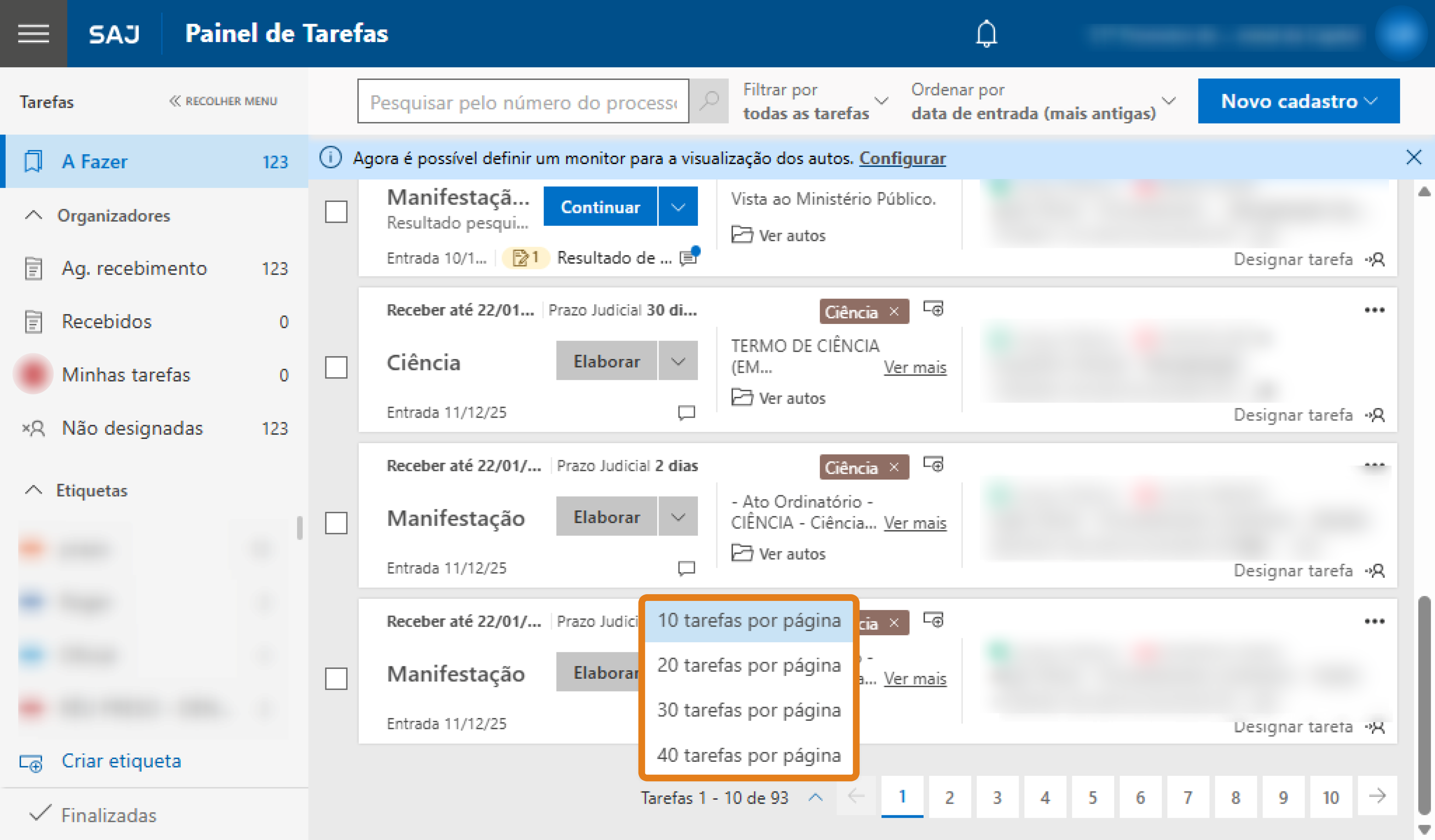 Painel de Tarefas do SAJ com lista de atividades e filtros. Menu suspenso em laranja para escolher quantidade por página: 10, 20, 30 ou 40