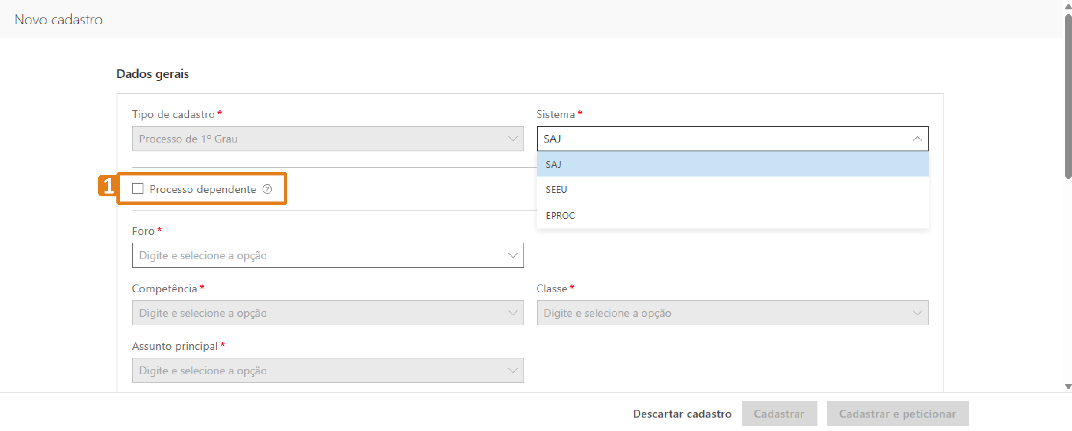 Tela “Novo cadastro” do sistema SAJ, seção “Dados gerais”. A opção “Processo dependente” está destacada em laranja, localizada abaixo do campo “Tipo de cadastro”.