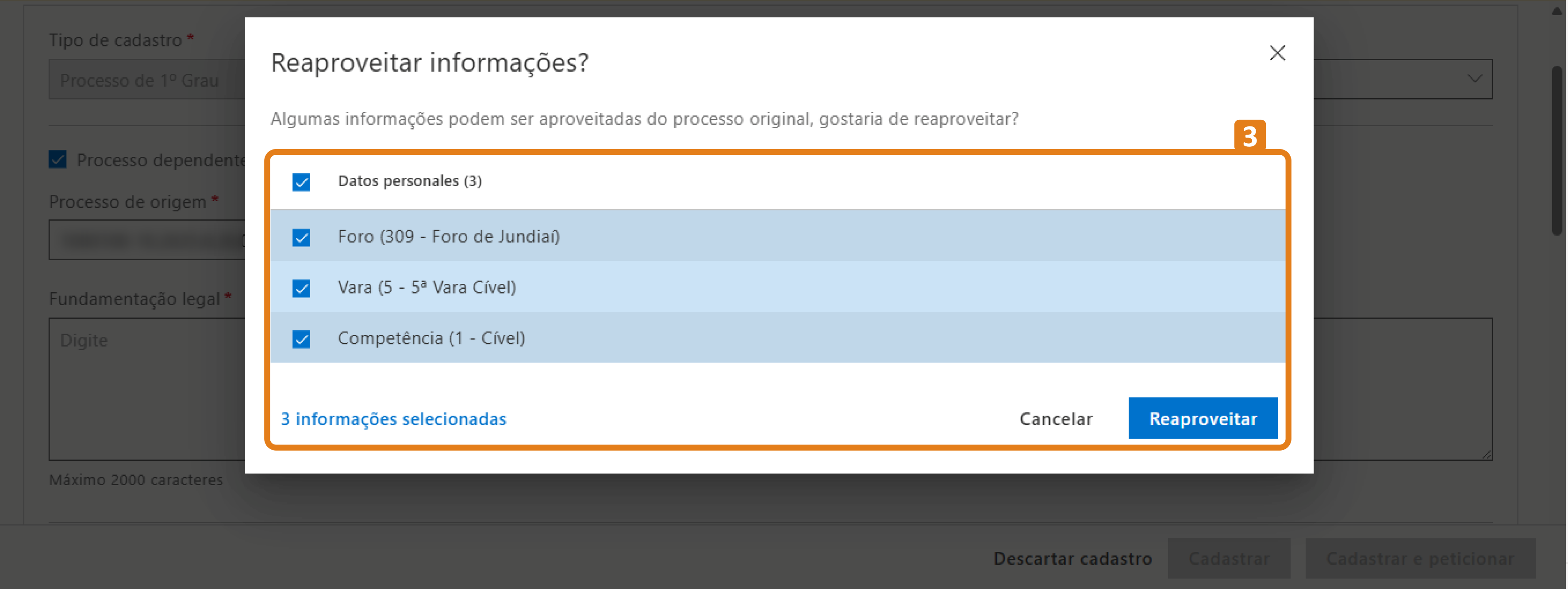 Janela “Reaproveitar informações?” com opções selecionadas Foro, Vara e Competência.