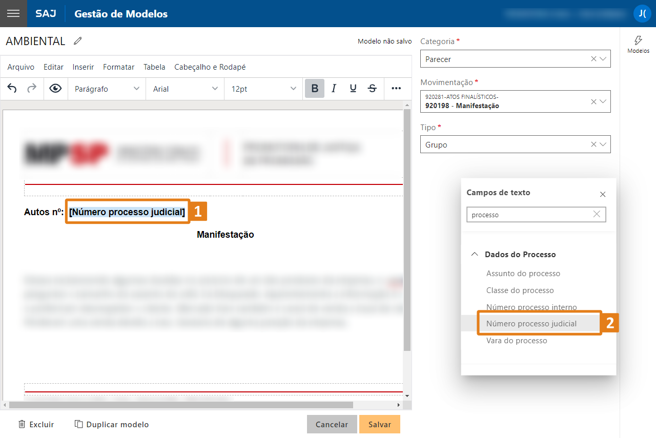 Tela do SAJ na funcionalidade Gestão de Modelos. Dois destaques em laranja: campo inserido no documento com texto [Número processo judicial] e opção correspondente selecionada na lista Campos de texto.