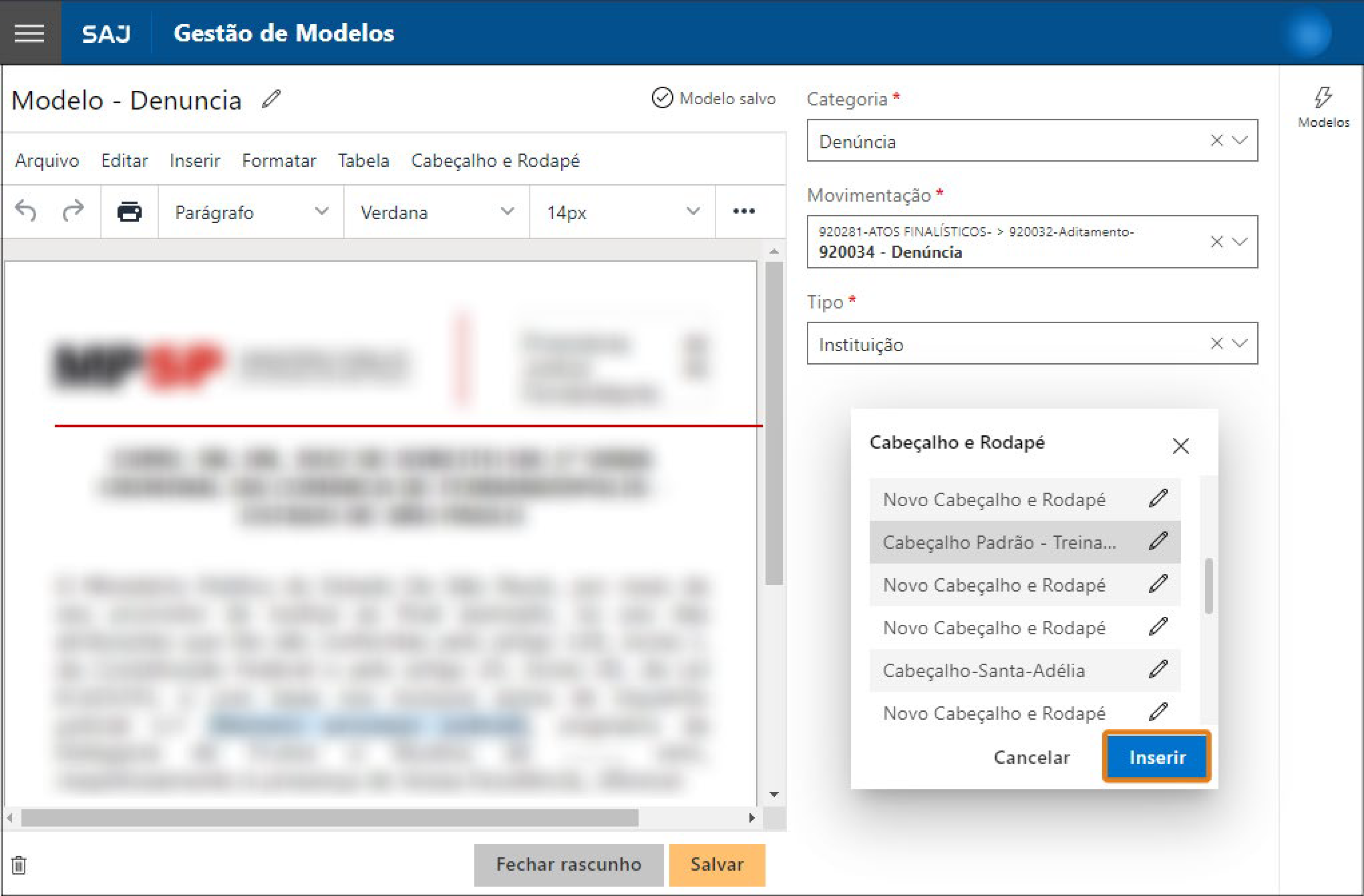 Na tela de Gestão de Modelos do SAJ, a janela de seleção de cabeçalhos e rodapés está aberta. O botão “Inserir” está destacado em laranja (1),