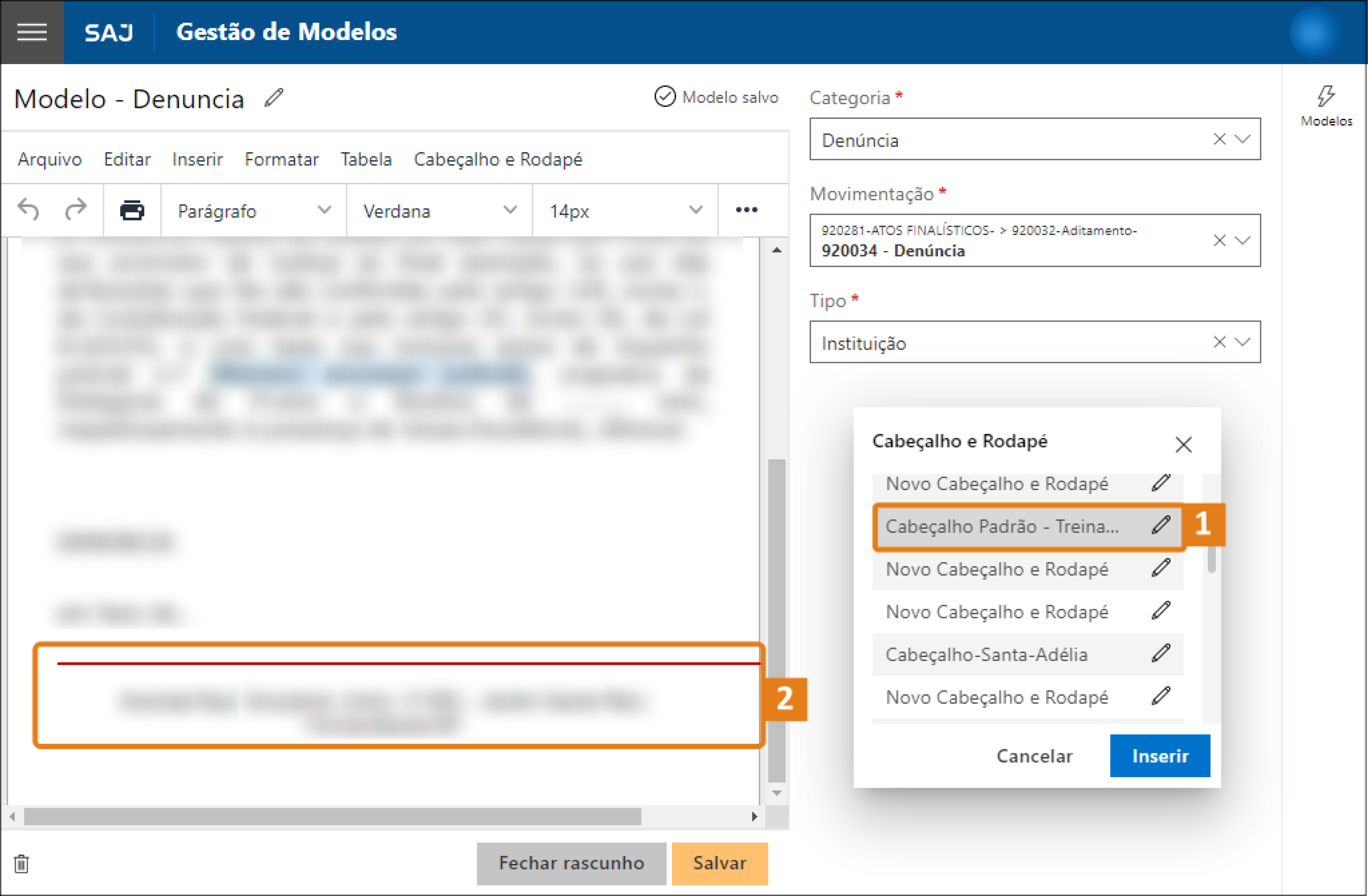 No editor de modelos do SAJ, a opção “Cabeçalho Padrão – Treina…” está destacada em laranja na lista de cabeçalhos e rodapés (1). No documento, o rodapé inserido aparece destacado na parte inferior da página (2).