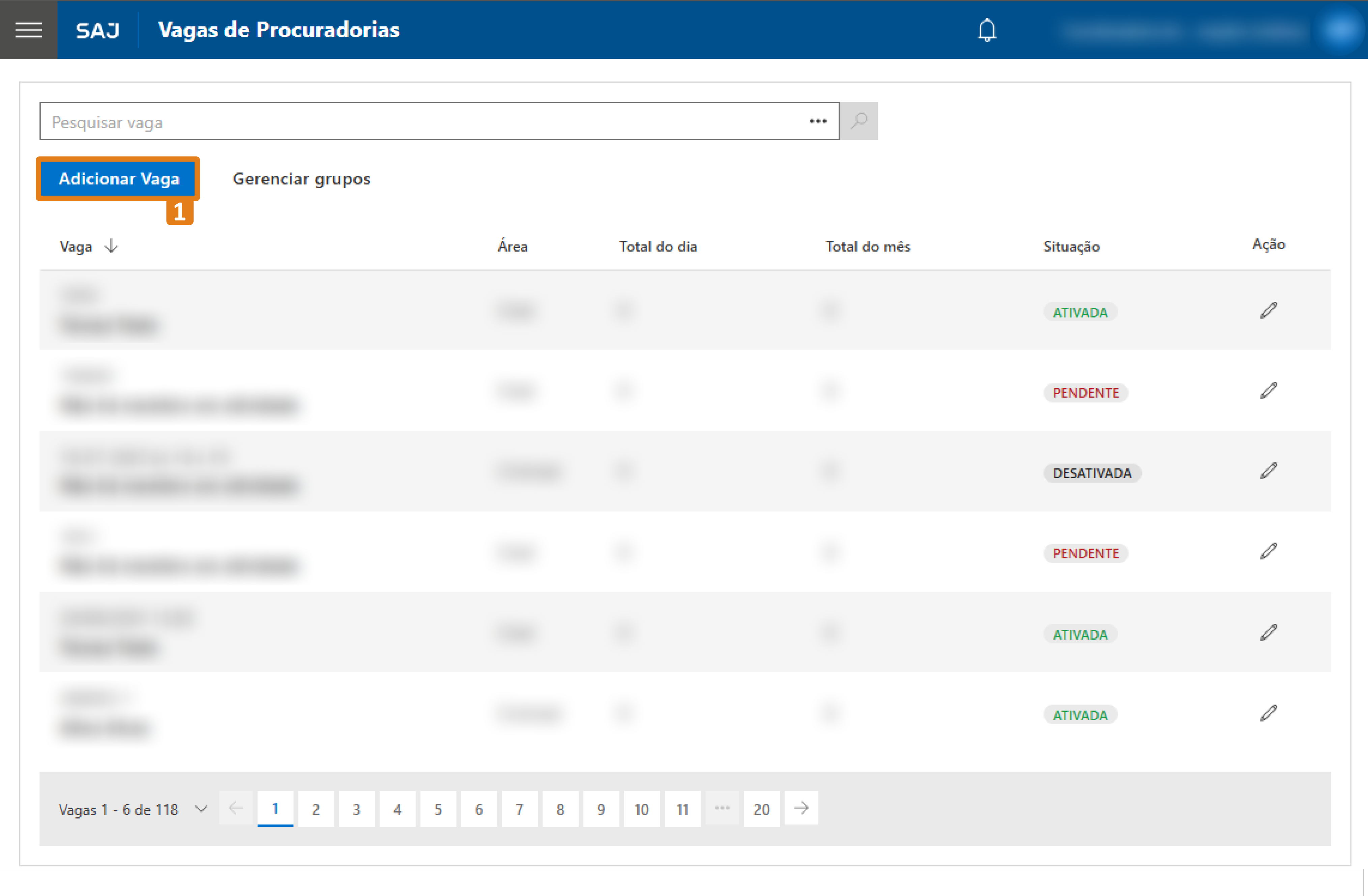 No sistema SAJ – Vagas de Procuradorias, o botão “Adicionar Vaga” está destacado em laranja com o número 1.