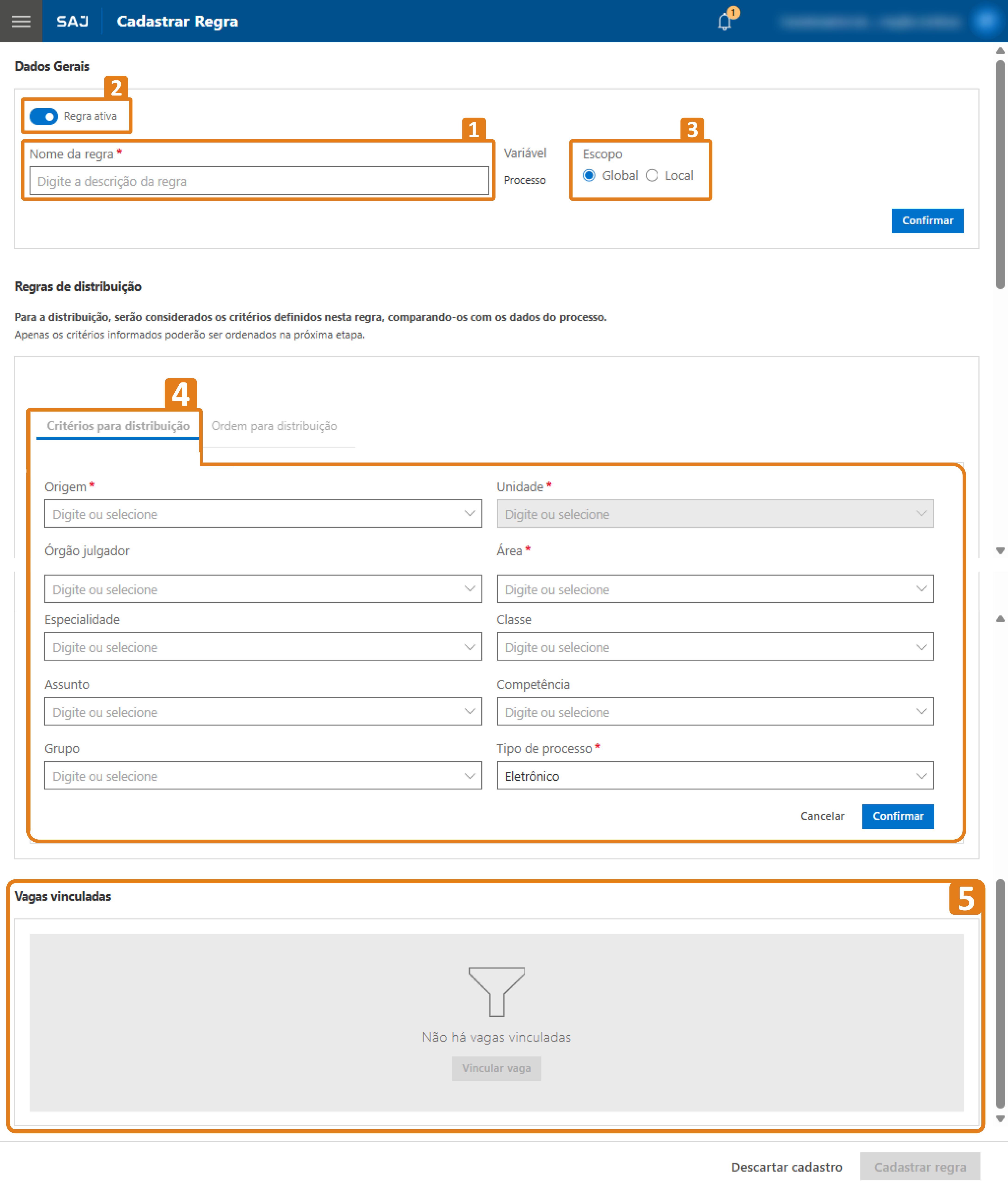 No sistema SAJ – Cadastrar Regra, cinco áreas estão destacadas em laranja: (1) o campo de descrição da regra, (2) o botão “Regra ativa”, (3) a opção de escopo, (4) a seção “Critérios para distribuição” com seus campos e (5) a seção de vagas vinculadas.