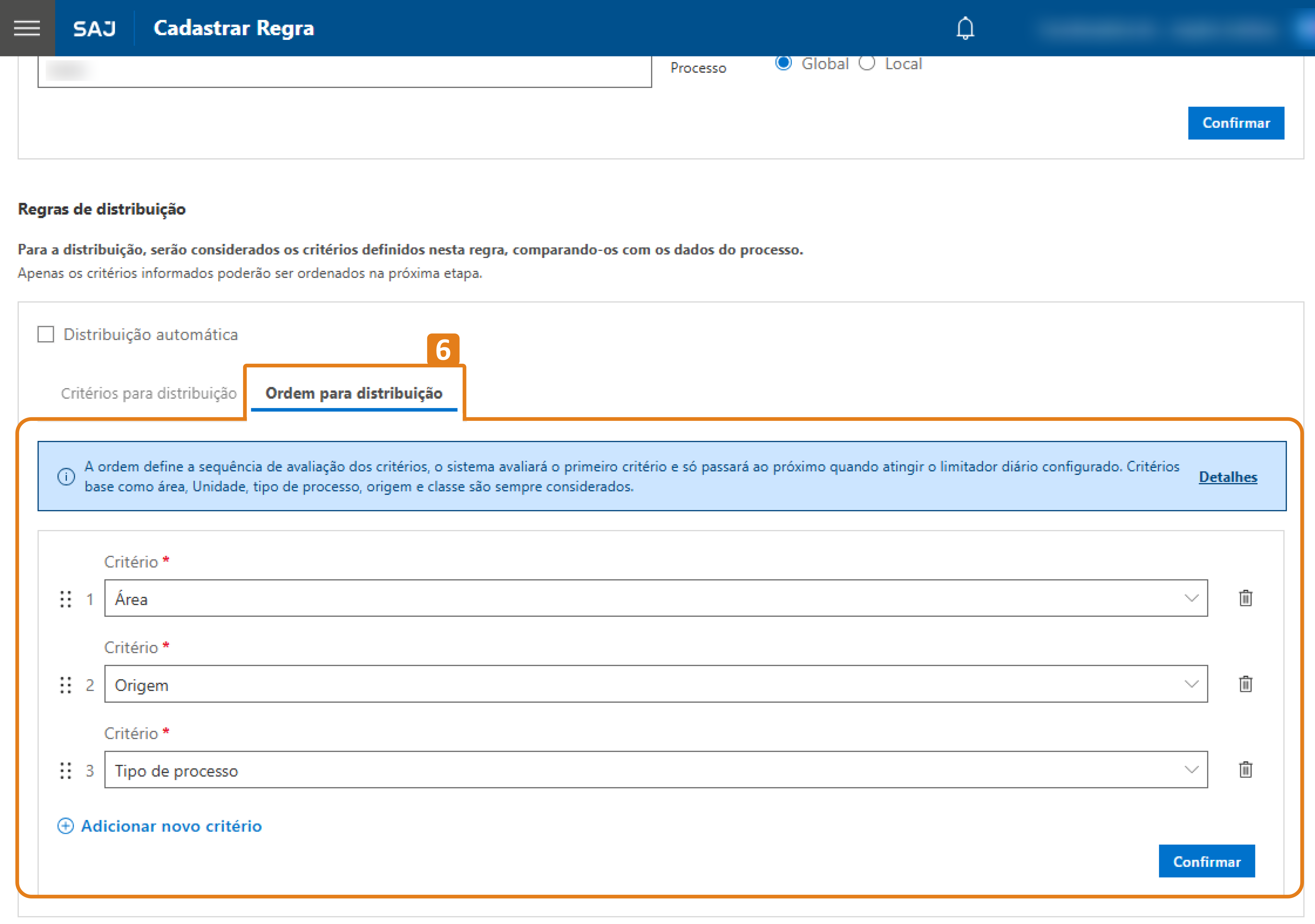 No sistema SAJ – Cadastrar Regra, a aba “Ordem para distribuição” está destacada em laranja (6), assim como a seção onde os critérios de ordem estão listados.