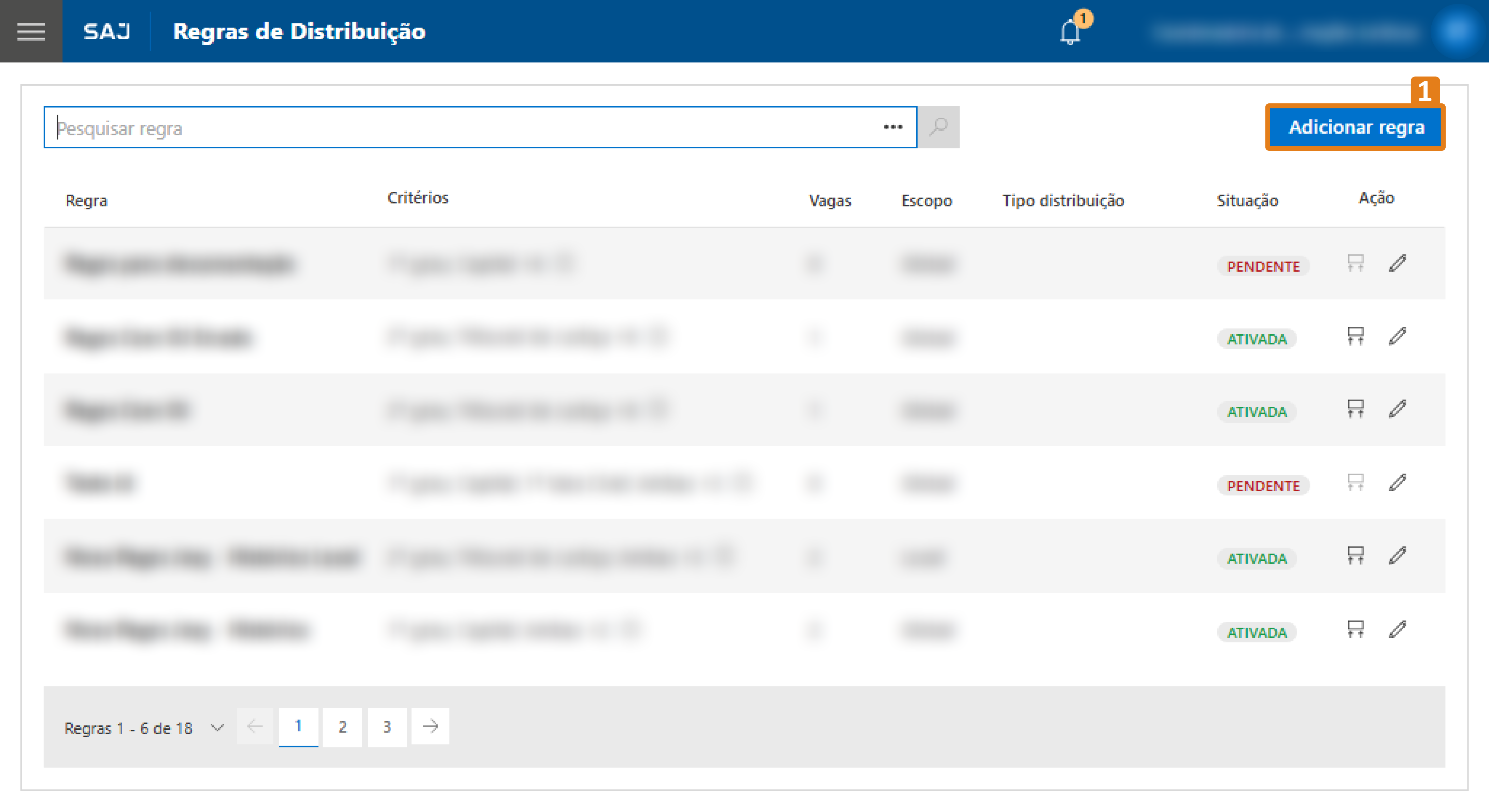 No sistema SAJ – Regras de Distribuição, o botão “Adicionar regra” está destacado em laranja com o número 1.