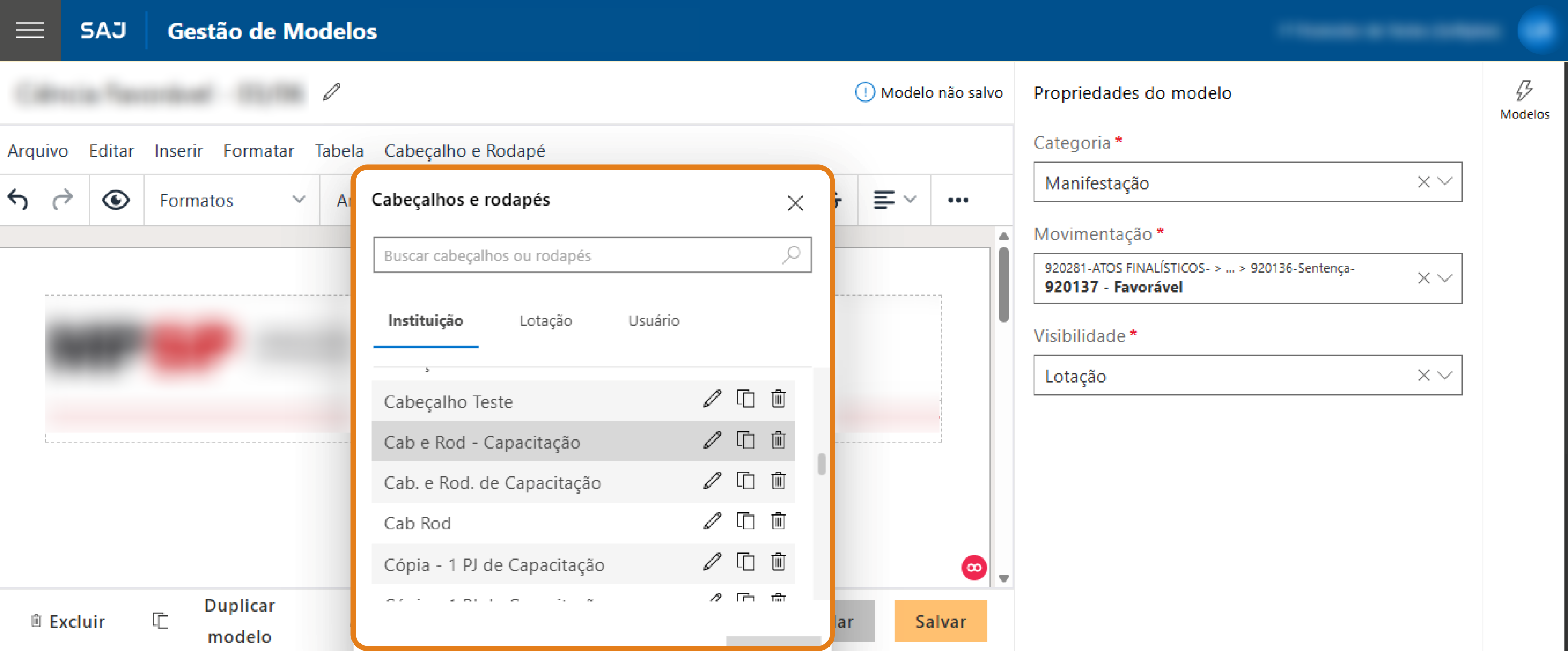 Na tela de Gestão de Modelos do SAJ, a janela “Cabeçalhos e rodapés” está aberta, listando vários padrões disponíveis.